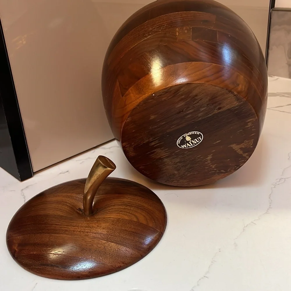 MCM Vintage Large Solid Walnut Ice Bucket Apple Shaped Brass Top